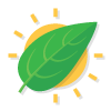 Icon illustration of a green leaf with a yellow sun in the background.