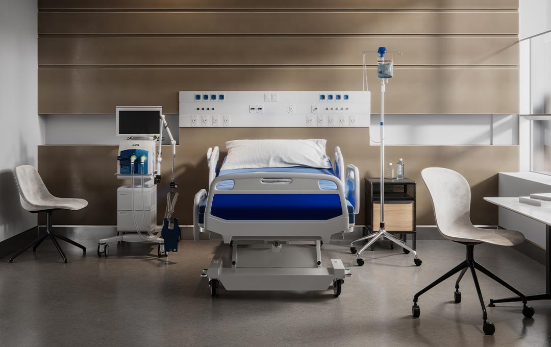 Image of a hospital bed that is surrounded by medical equipment.