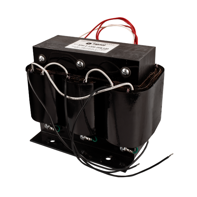 Image of a black three-phase transformer.